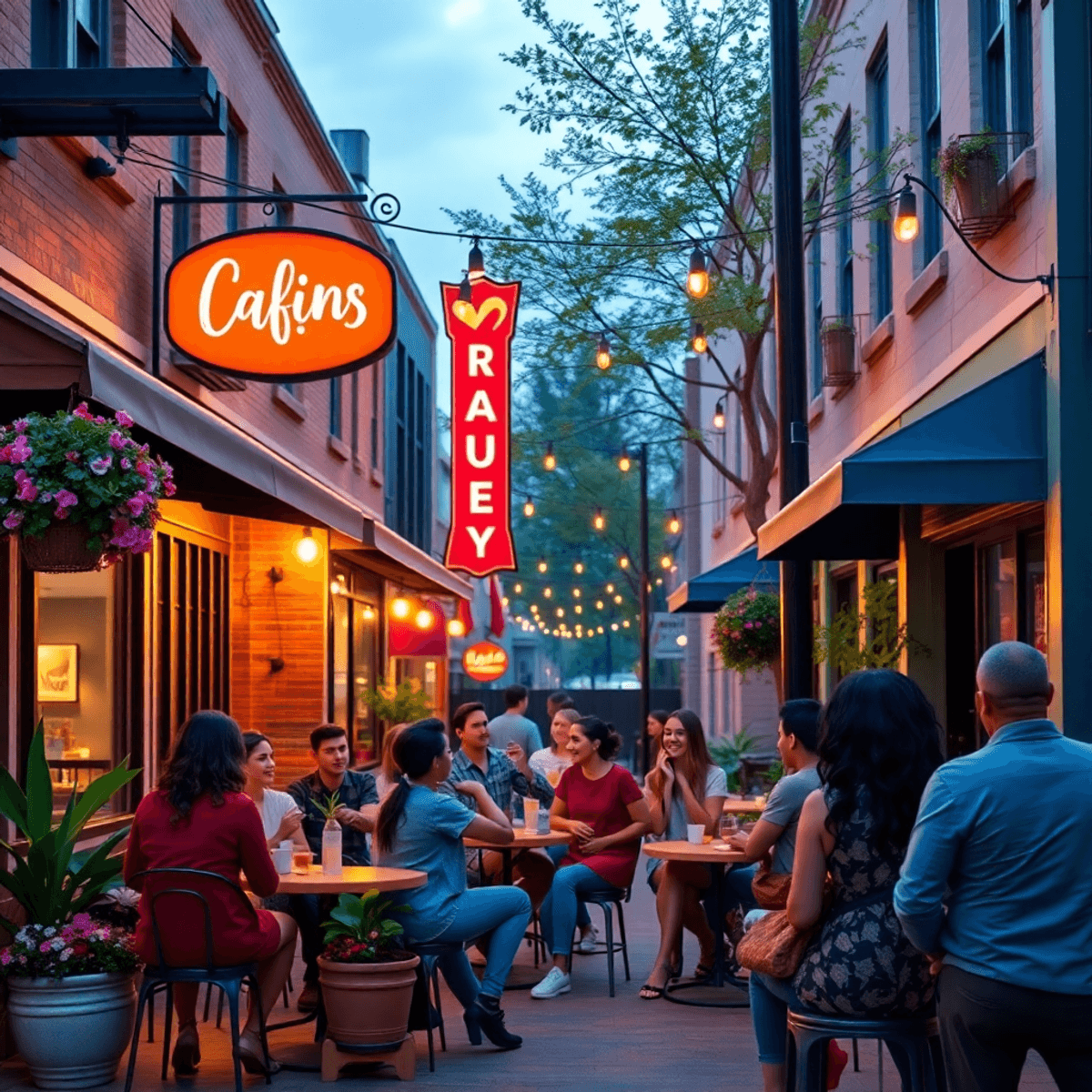 A lively street scene in Bessemer, Alabama, featuring modern cafes, colorful signage, blooming flowers, and young adults enjoying friendly conversa...