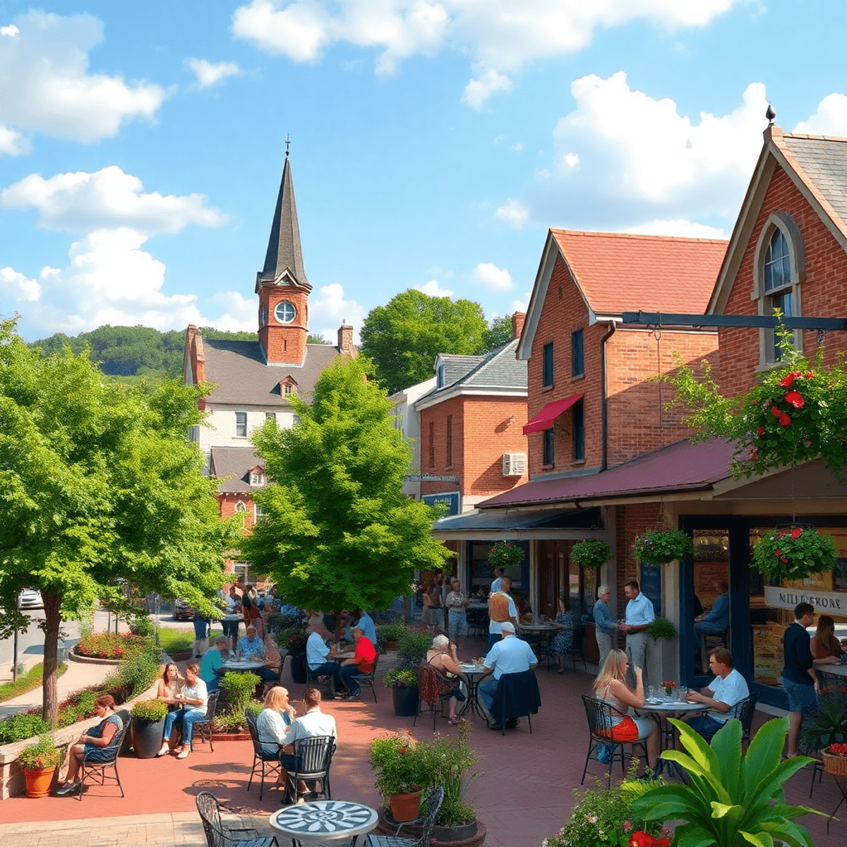 A scenic view of Millbrook, Alabama, showcasing a cozy café, community events, and lush outdoor spaces filled with people enjoying the vibrant soci...