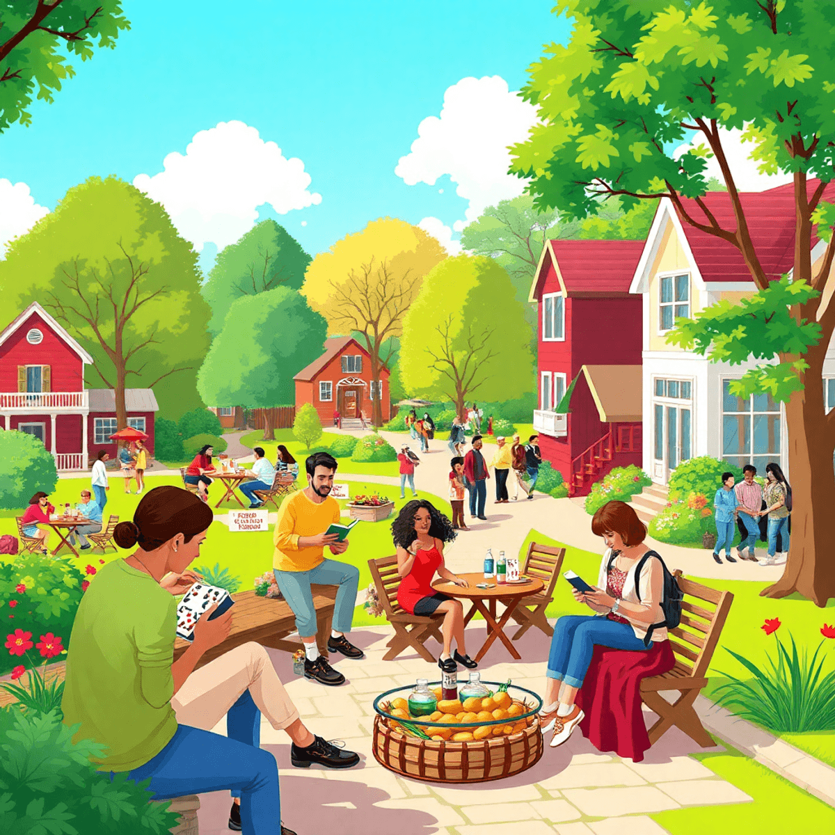 A lively small-town park in Cullman, Alabama, with people reading, playing cards, hiking, and cooking together, creating a warm atmosphere of commu...