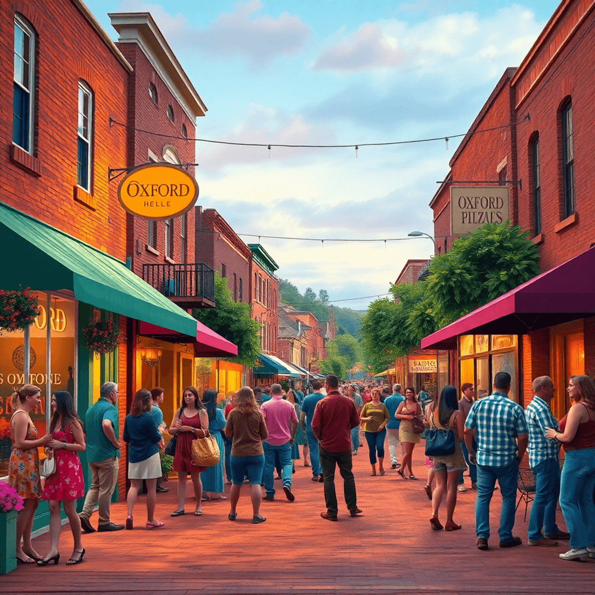 A lively small-town street in Oxford, Alabama, showcasing colorful storefronts and people mingling at a community event, radiating warmth and South...