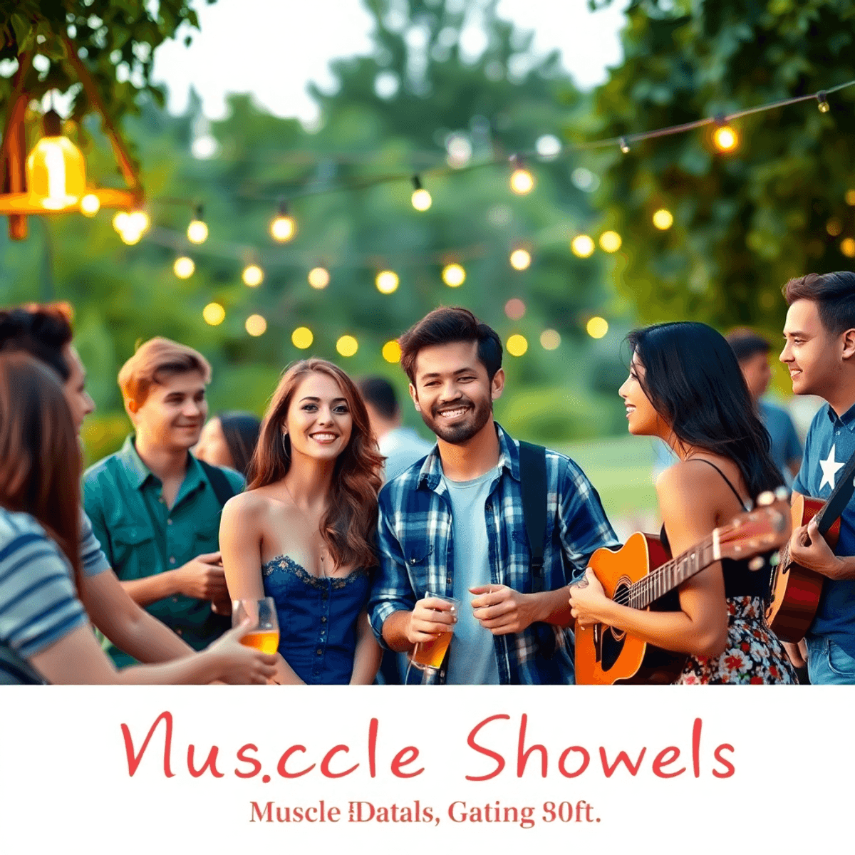 A lively outdoor dating event in Muscle Shoals, Alabama, with young adults enjoying music, greenery, and warm lighting, creating a romantic and inv...