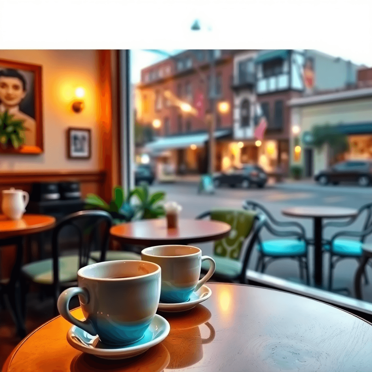 A cozy coffee shop scene with warm lighting, coffee cups on a table, and a window view of charming streets, evoking a sense of connection and commu...