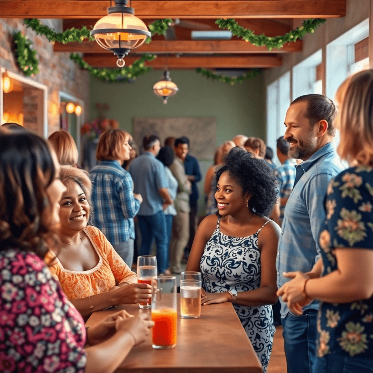 A lively community gathering in Gardendale, Alabama, with singles chatting amidst festive decorations and warm lighting, embodying Southern charm a...