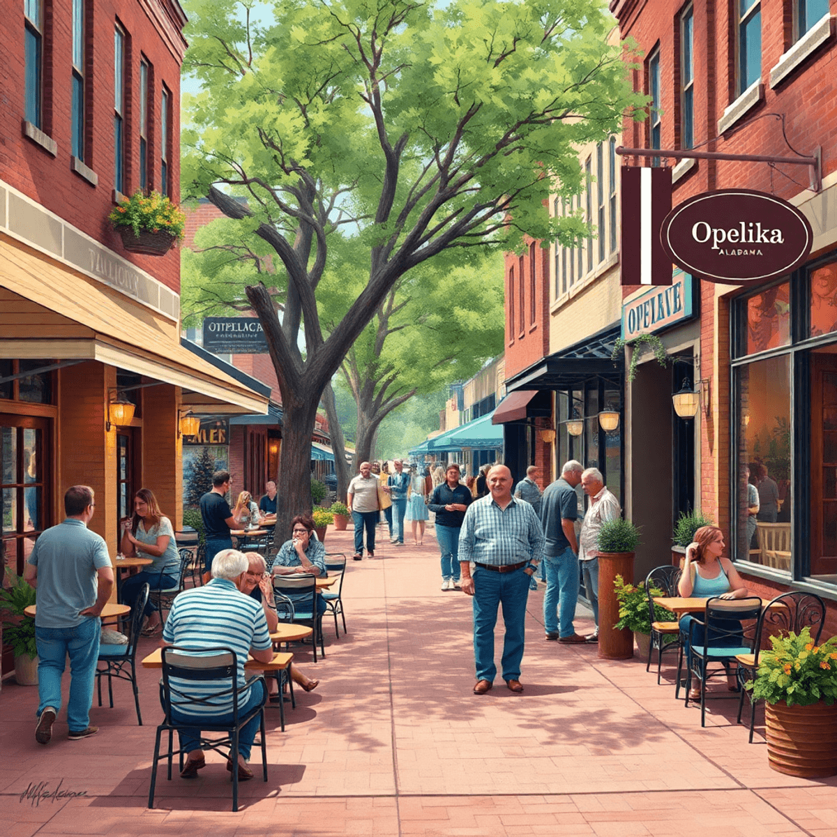 A lively downtown Opelika scene with cozy cafes, boutique shops, and people enjoying live music and outdoor gatherings in a warm, inviting atmosphere.