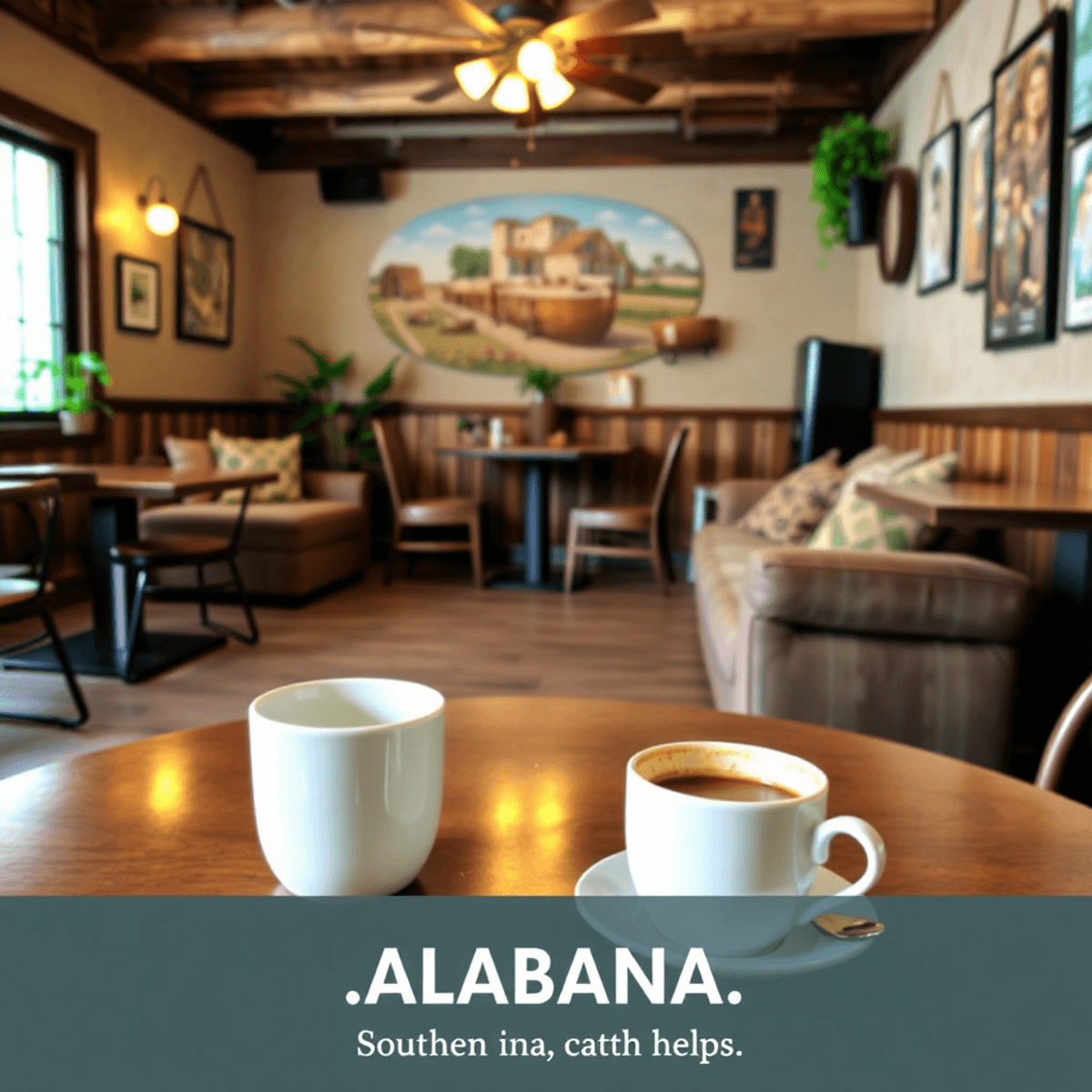 A cozy coffee shop with rustic decor, inviting seating, and coffee cups on a table, featuring greenery and local artwork that reflect southern charm.