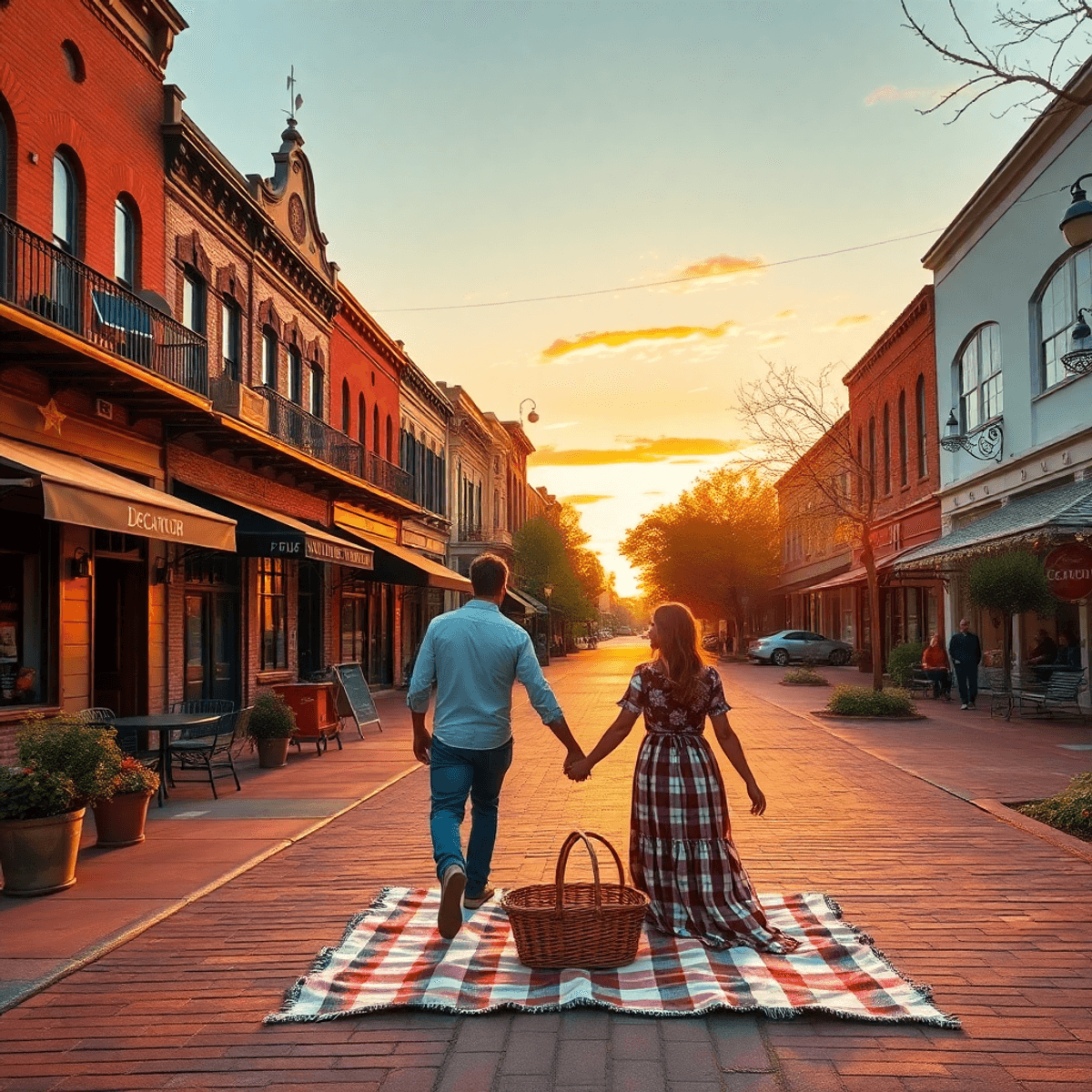 A scenic downtown street in Decatur, Alabama at sunset, showcasing historic buildings and couples enjoying a picnic at Point Mallard Park, surround...