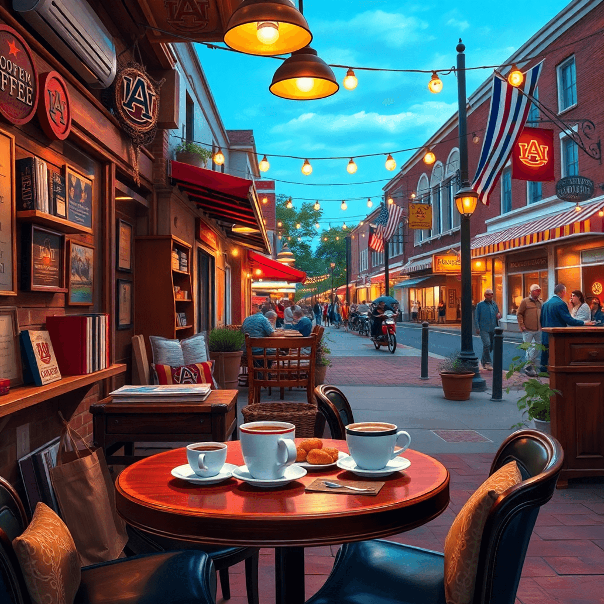 A cozy coffee shop in Auburn, Alabama, featuring rustic decor, warm lighting, a table for two with coffee and pastries, and a lively street scene r...