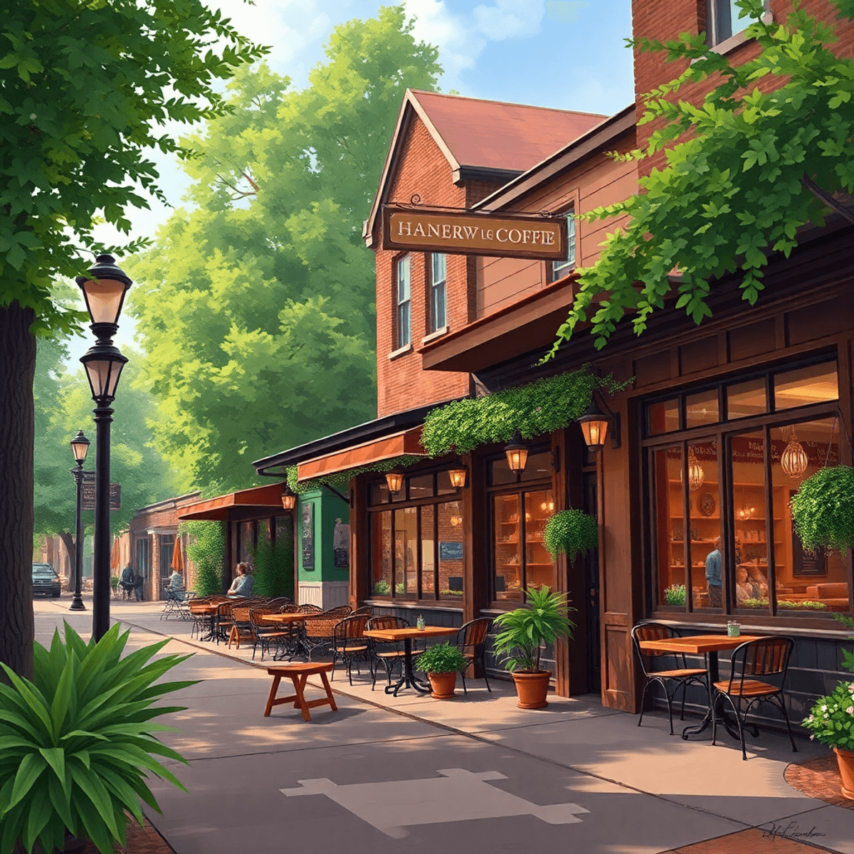 A cozy street scene in Homewood, Alabama, featuring coffee shops and restaurants with outdoor seating, surrounded by greenery, evoking community an...