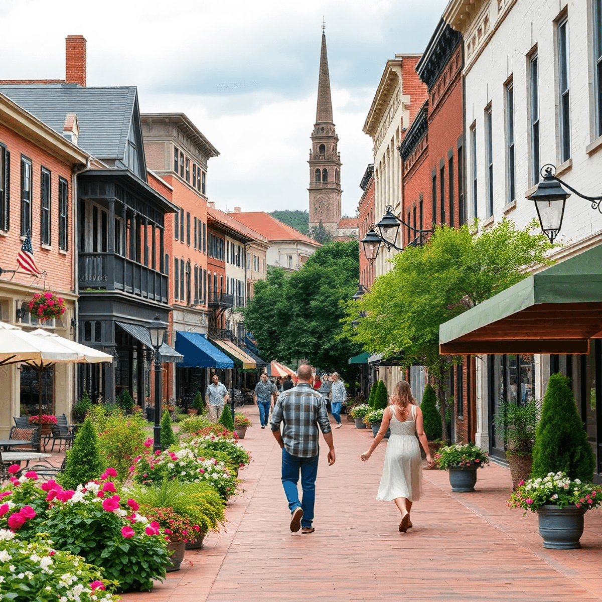 A scenic view of downtown Florence, Alabama, showcasing historic buildings, vibrant street life, blooming flowers, and a couple enjoying a romantic...