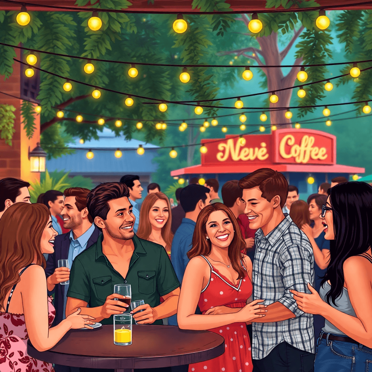 A lively outdoor social mixer in Hoover, Alabama, with singles enjoying conversations and laughter under string lights, surrounded by greenery and ...