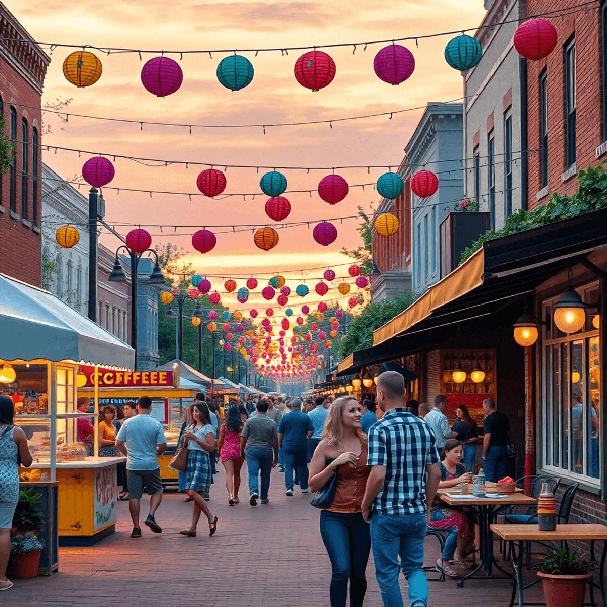A lively street festival in Madison, Alabama, filled with colorful decorations, food stalls, couples enjoying the atmosphere, and outdoor seating u...