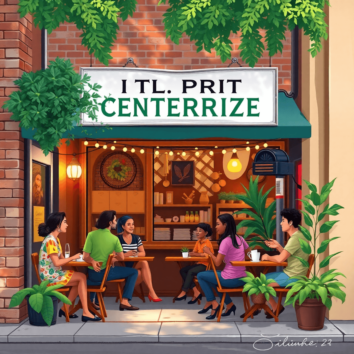 A cozy coffee shop bustling with people engaged in conversation, surrounded by local shops and greenery, creating a warm, inviting small-town atmos...