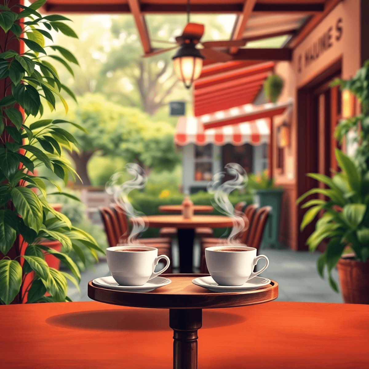 A cozy coffee shop with two steaming cups on a small table, surrounded by lush greenery and a charming Southern backdrop, exuding warmth and connec...