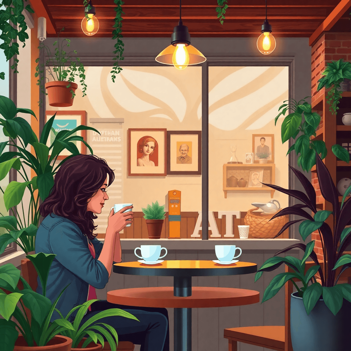 A cozy coffee shop in Dothan, Alabama, with a warm atmosphere. A couple enjoys coffee amidst plants and soft lighting, surrounded by local art and ...