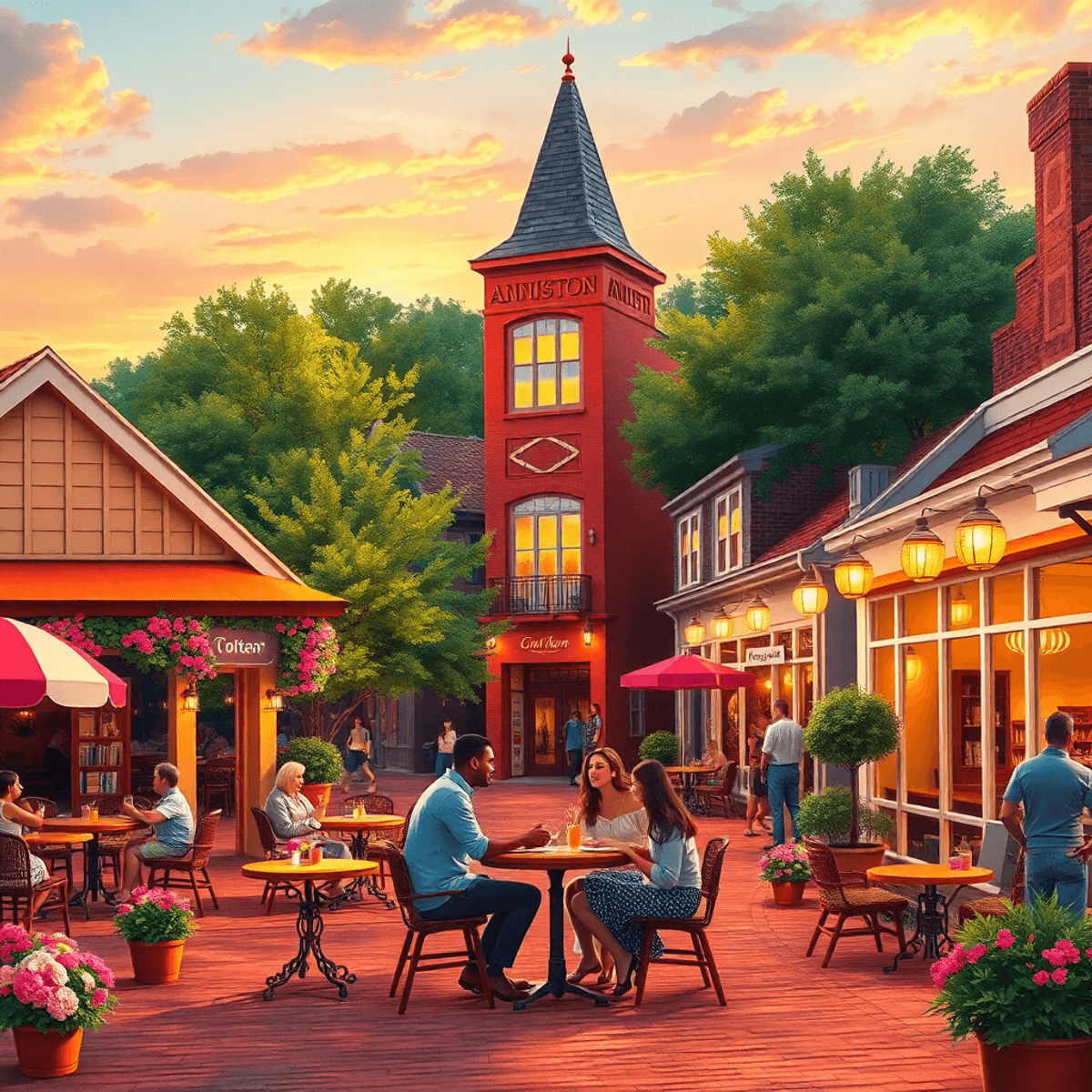 A charming Southern town square in Anniston, Alabama, with blooming flowers, a cozy restaurant, and people enjoying the warm sunset together.