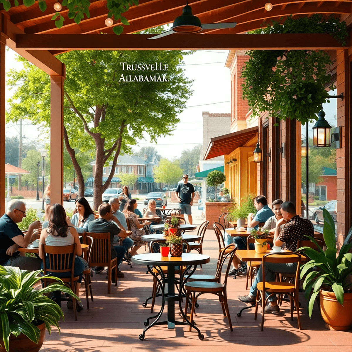 A lively outdoor café scene with cozy tables filled with people enjoying coffee, surrounded by greenery and charming Southern architecture, exuding...