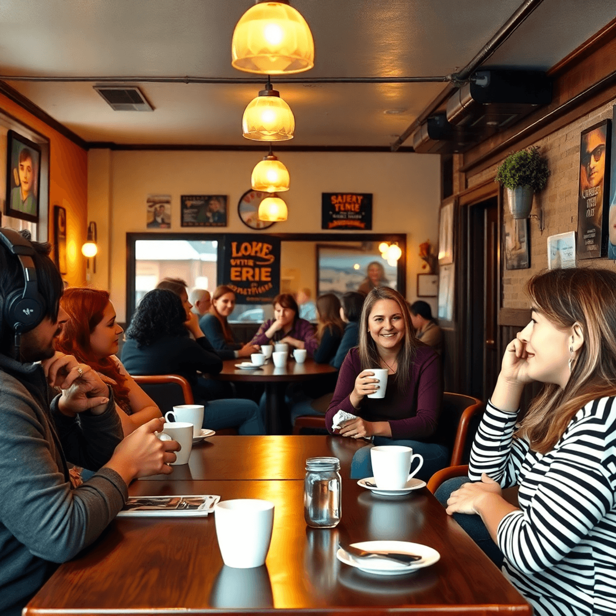 A cozy coffee shop in Lorain, Ohio, featuring coffee cups, soft lighting, and small groups of singles chatting, with local charm hints in the backg...