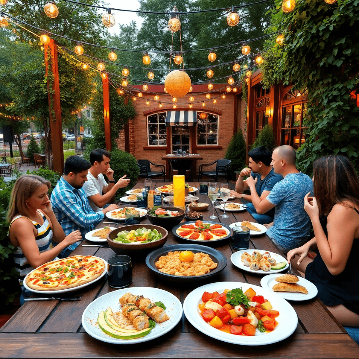 A cozy outdoor dining setup with a communal table filled with colorful dishes like pizza and sushi, surrounded by greenery and decorative lights fo...