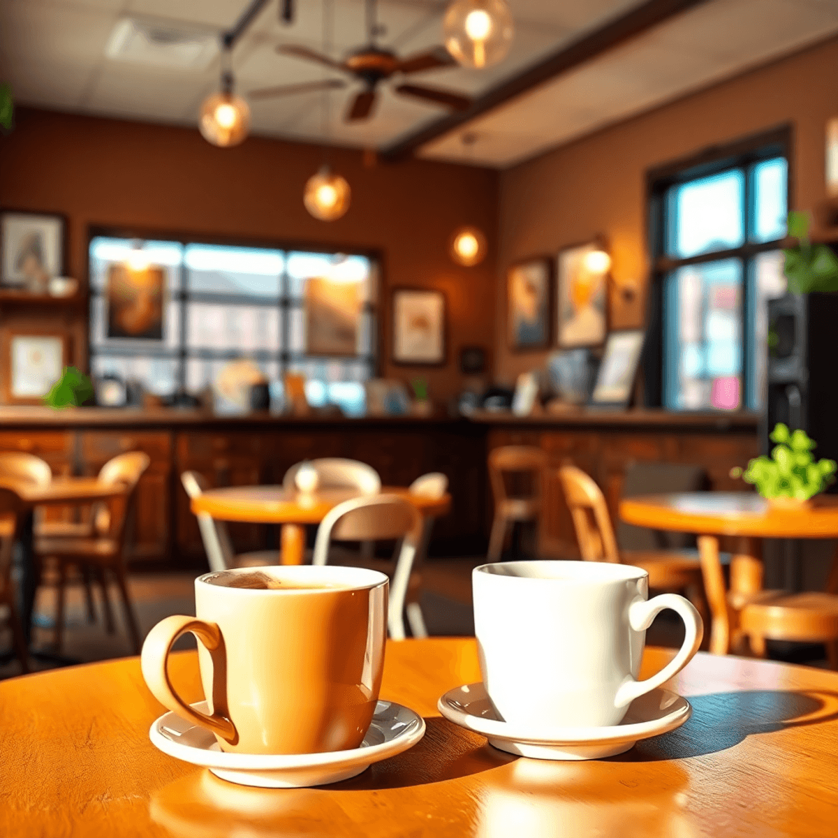 A cozy coffee shop in Hickory, North Carolina, with two coffee cups on a table, surrounded by local artwork and small plants, creating a warm and i...
