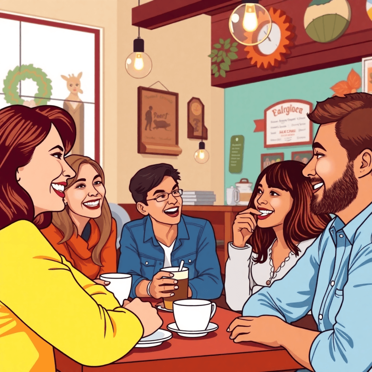 A cozy coffee shop scene with people engaging in conversation, laughing, and enjoying coffee and pastries in a warm, inviting atmosphere with charm...