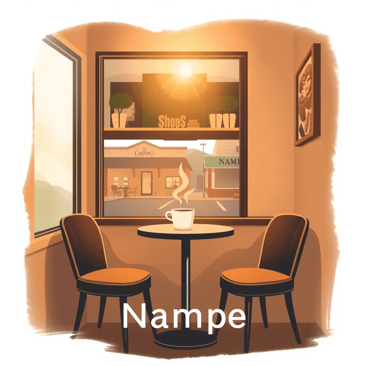 A cozy coffee shop with a steaming cup of coffee on a small table, two chairs, and soft lighting, capturing the warm atmosphere of a small-town set...
