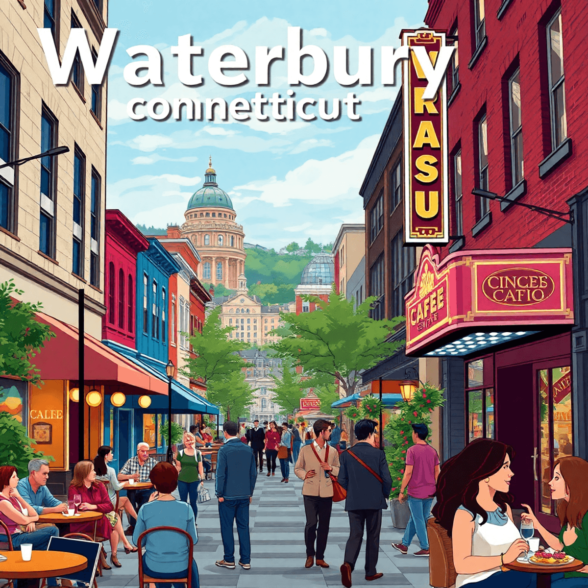 A lively Waterbury cityscape featuring cozy cafes, a charming theater marquee, and people engaging in conversation, capturing the excitement of soc...