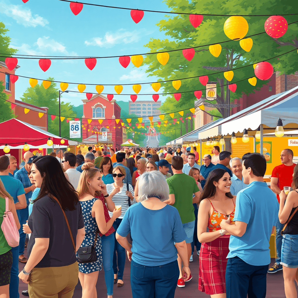 A lively outdoor community event in Huntington, West Virginia, with people mingling, enjoying live music, colorful decorations, and food stalls in ...