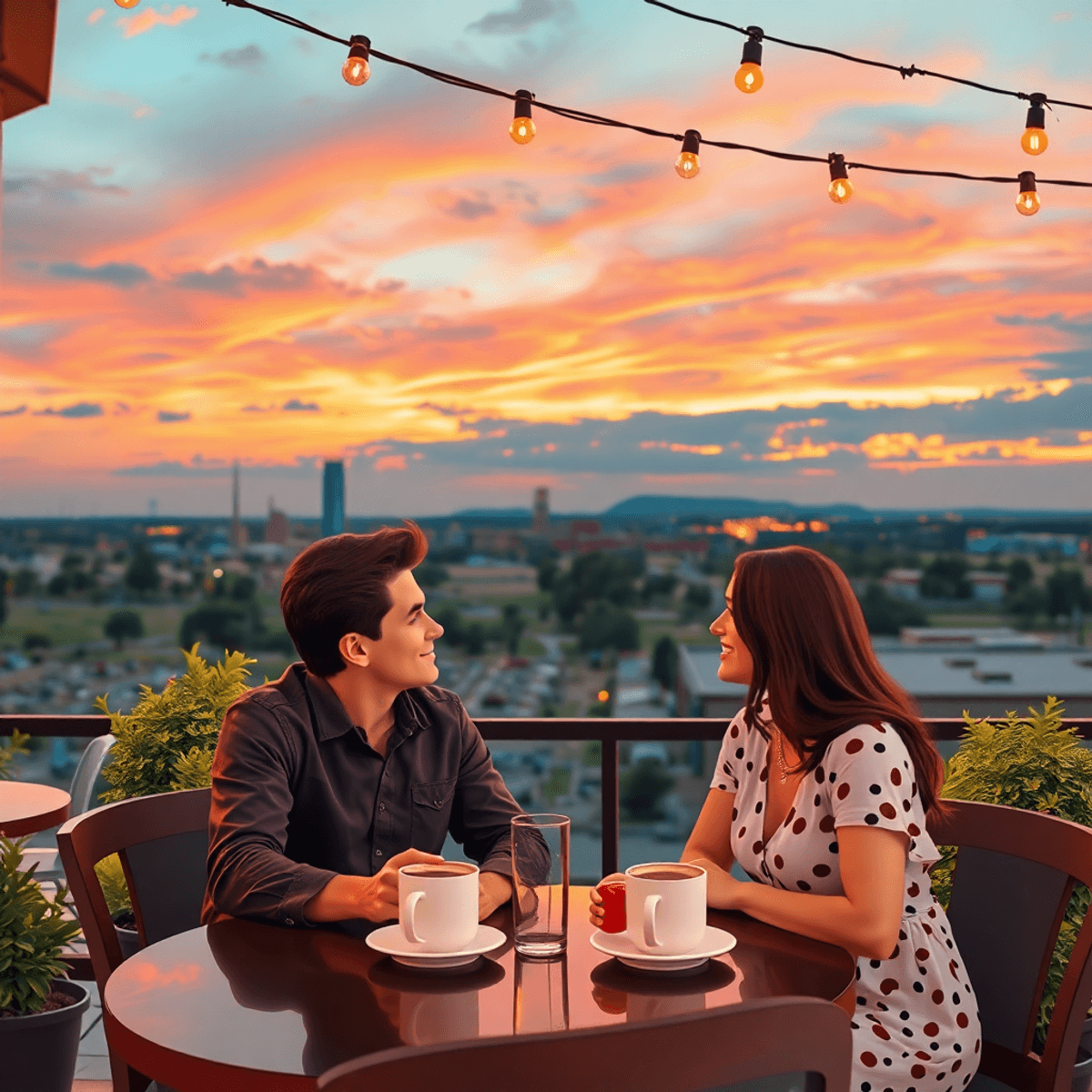 A couple sits at a cozy outdoor café in Amarillo, Texas, with coffee cups and a charming table setting, surrounded by a warm sunset sky and invitin...