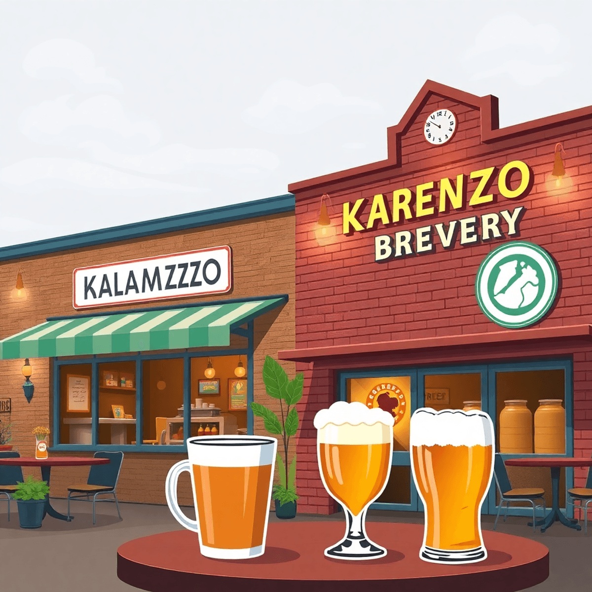 A cozy coffee shop and lively brewery in Kalamazoo, with a coffee cup and beer glasses, creating a warm atmosphere for social interactions.