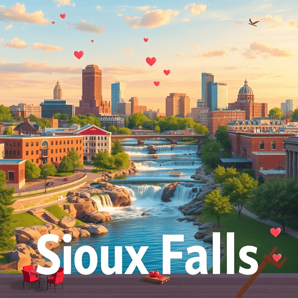 A colorful cityscape of Sioux Falls featuring Falls Park's waterfall, outdoor spaces for socializing, and romantic symbols like hearts and picnic s...