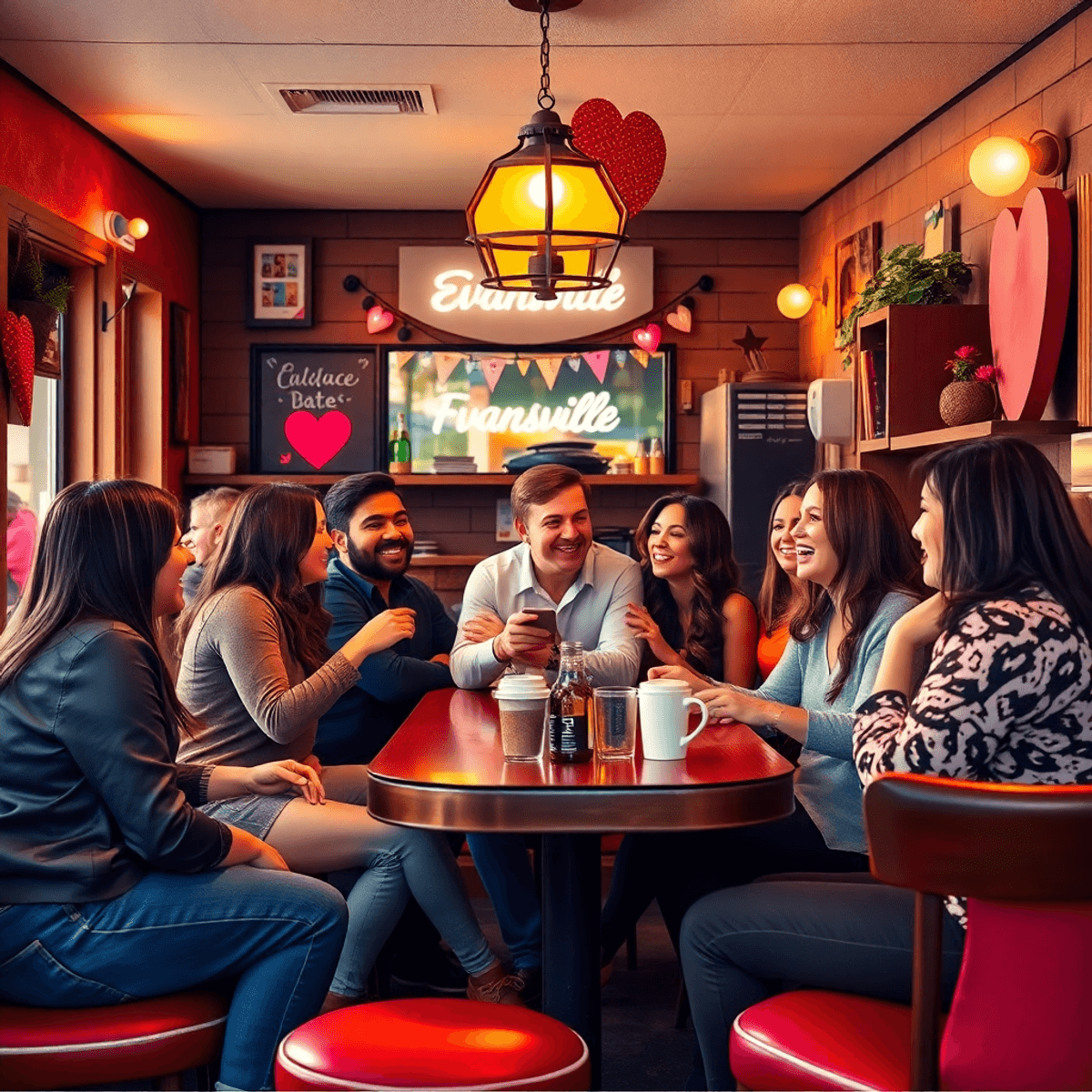 A cozy café scene in Evansville, Indiana, with people engaging in conversation and laughter, warm lighting, comfortable seating, coffee cups, and h...