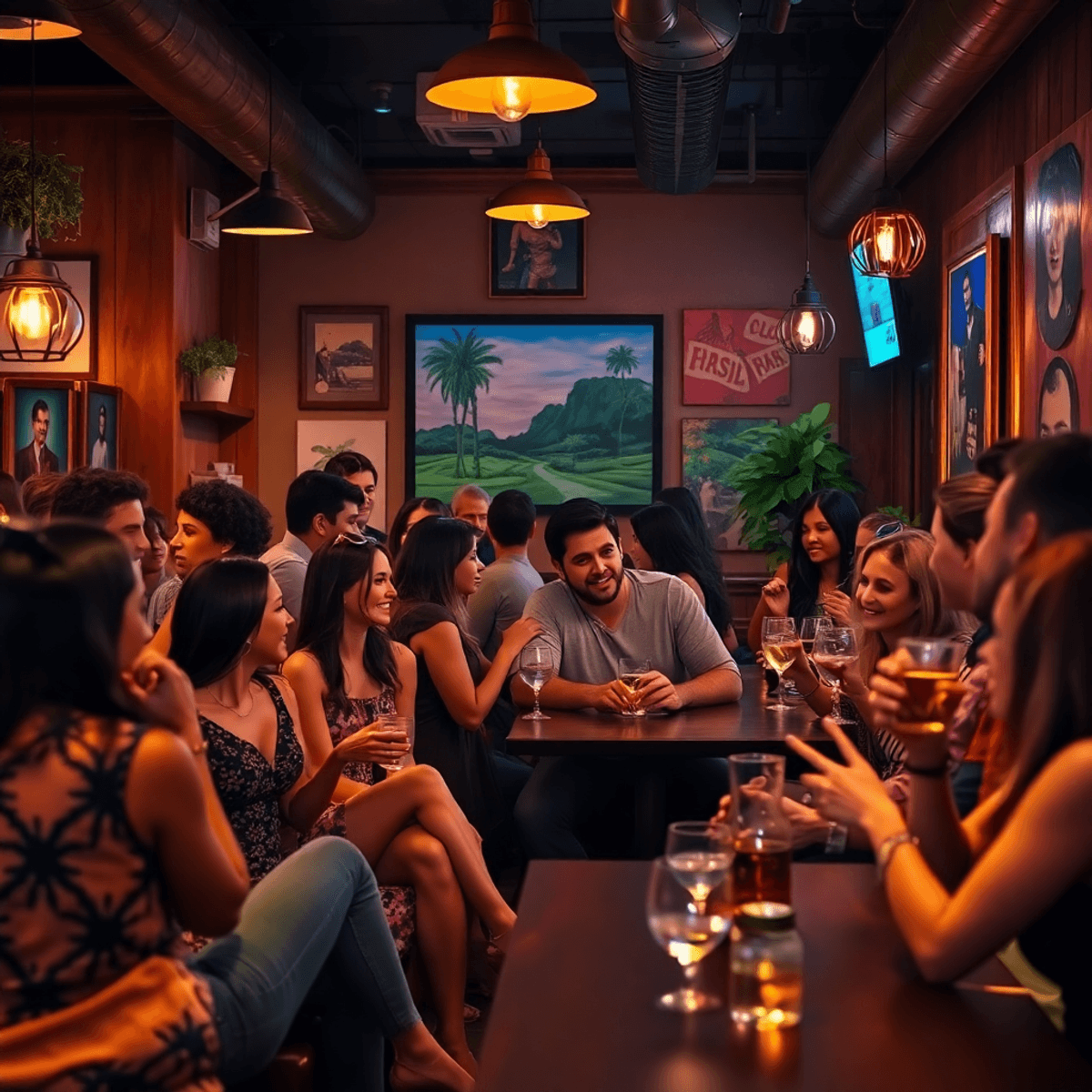 A lively bar scene in Thousand Oaks, with singles engaging in conversation over drinks, cozy seating, warm lighting, and local artwork creating a p...