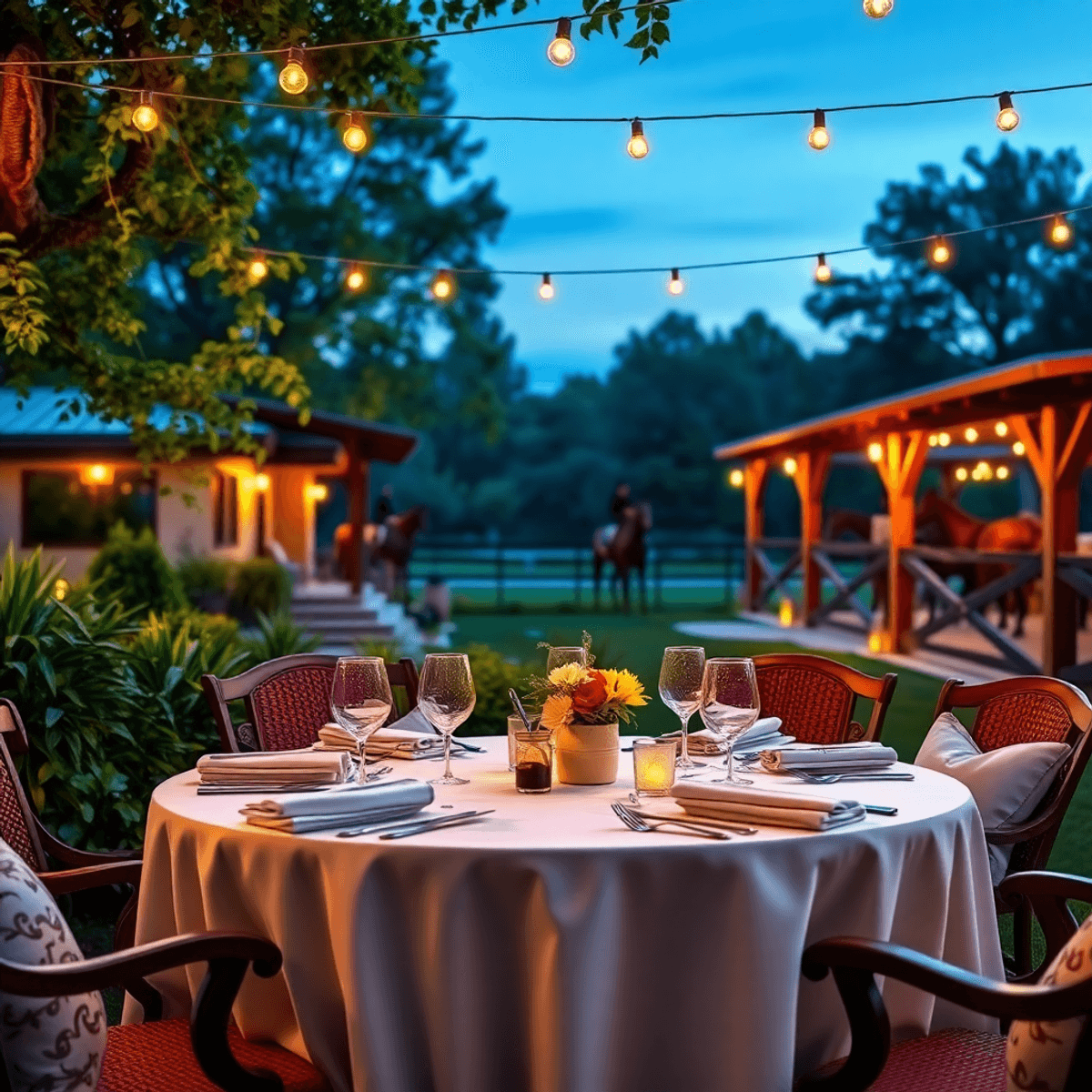 A romantic outdoor dining setting in Ocala, Florida, featuring an elegantly set table with ambient lighting, surrounded by lush greenery and horse-...