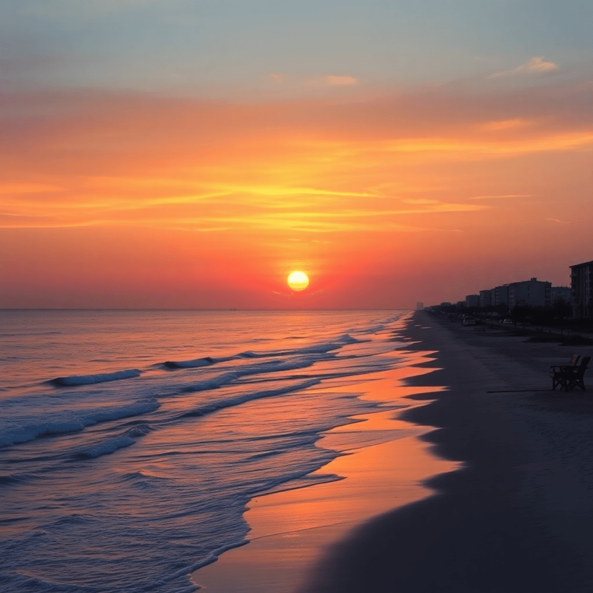 A vibrant sunset over Galveston beach, with soft waves lapping the shore and Seawall Boulevard silhouetted in the foreground, creating a romantic a...