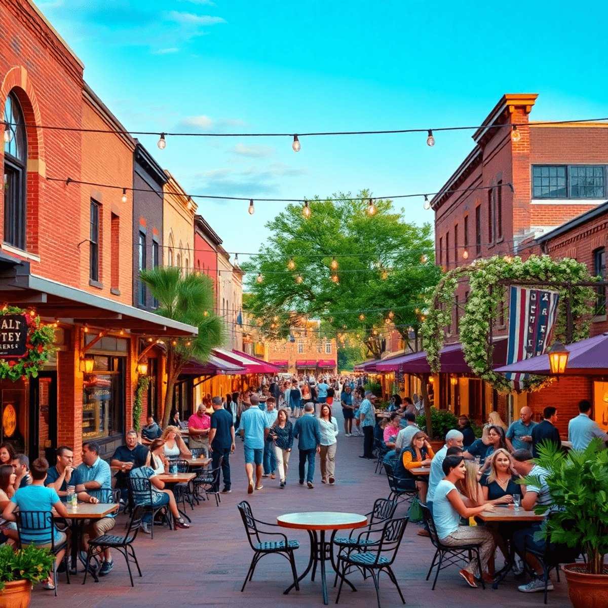 A bustling downtown McKinney square with people socializing, outdoor café seating, string lights overhead, and a lively atmosphere reflecting commu...