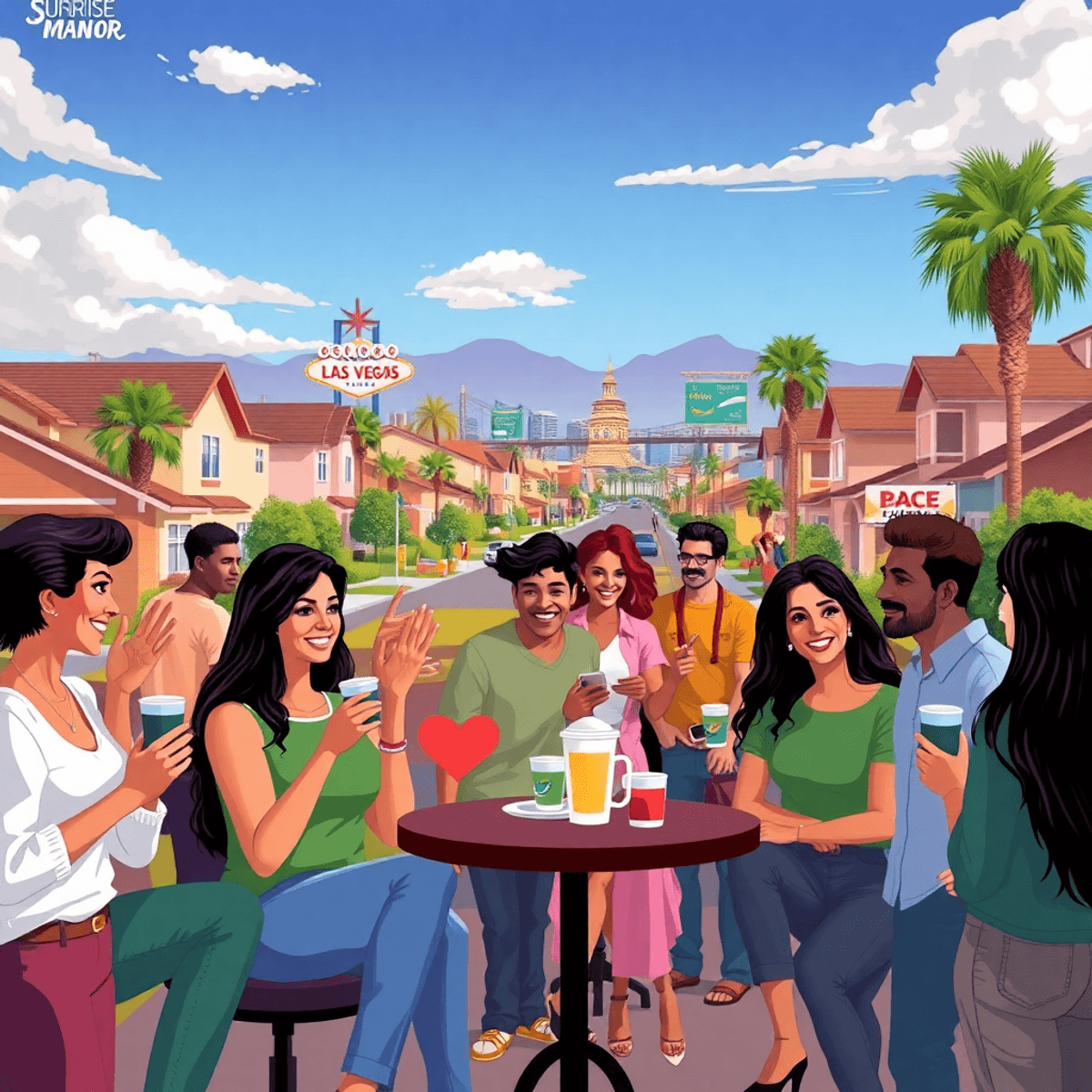 A lively community scene in Sunrise Manor, showcasing singles socializing with coffee cups and hearts, set against a suburban backdrop and hints of...