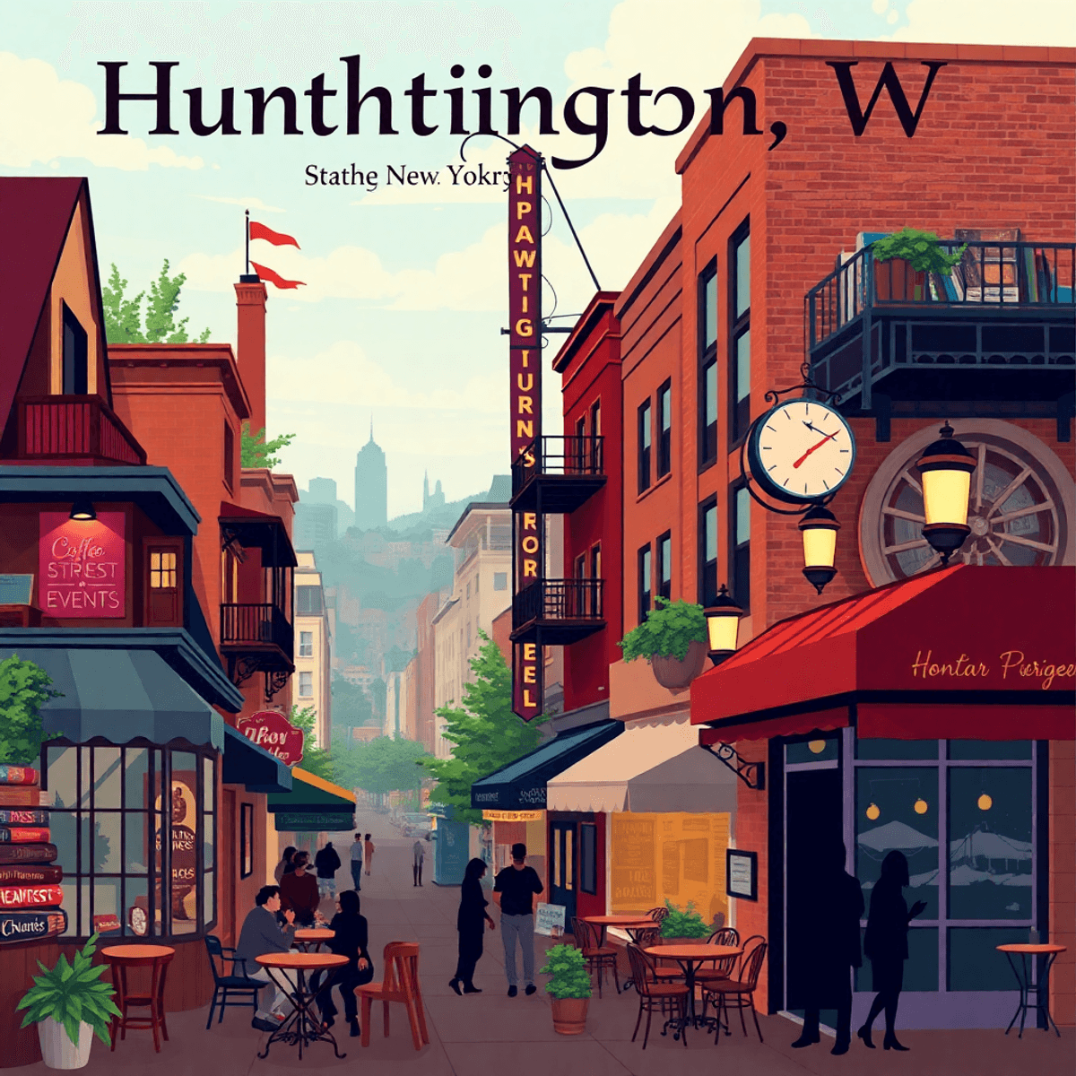 A vibrant collage showcasing cozy coffee shops, lively bars, and charming streetscapes in Huntington, New York, highlighting community, connection,...