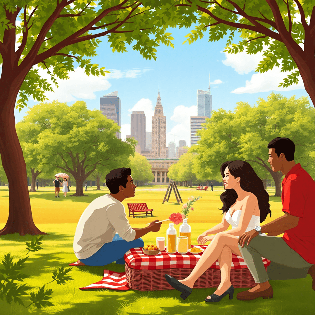 A sunny park in Grand Prairie, Texas, filled with couples enjoying a picnic under green trees, creating a warm and inviting atmosphere of love and ...