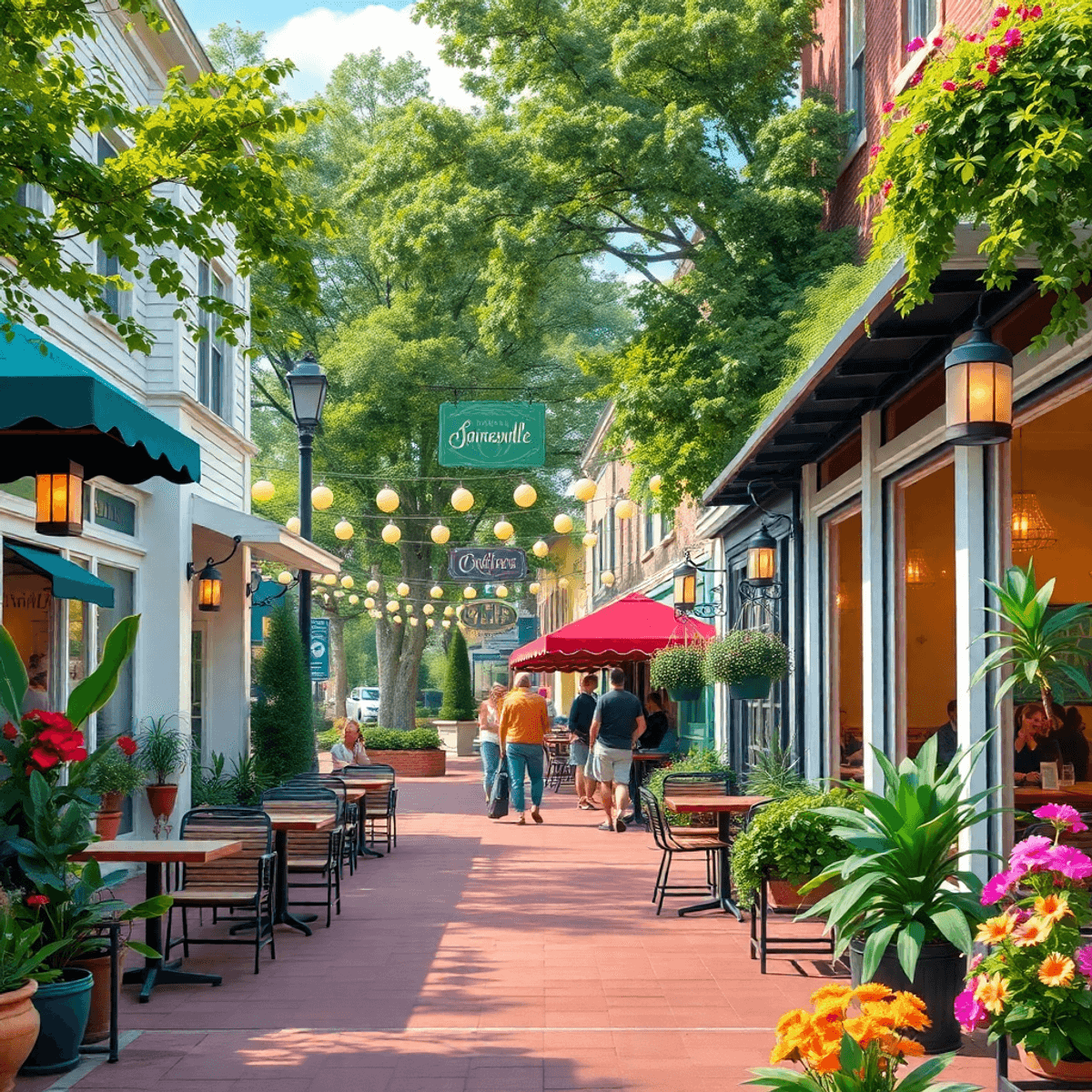 A lively downtown street in Gainesville, Florida, featuring charming cafes, colorful flowers, and greenery, inviting exploration in a vibrant outdo...