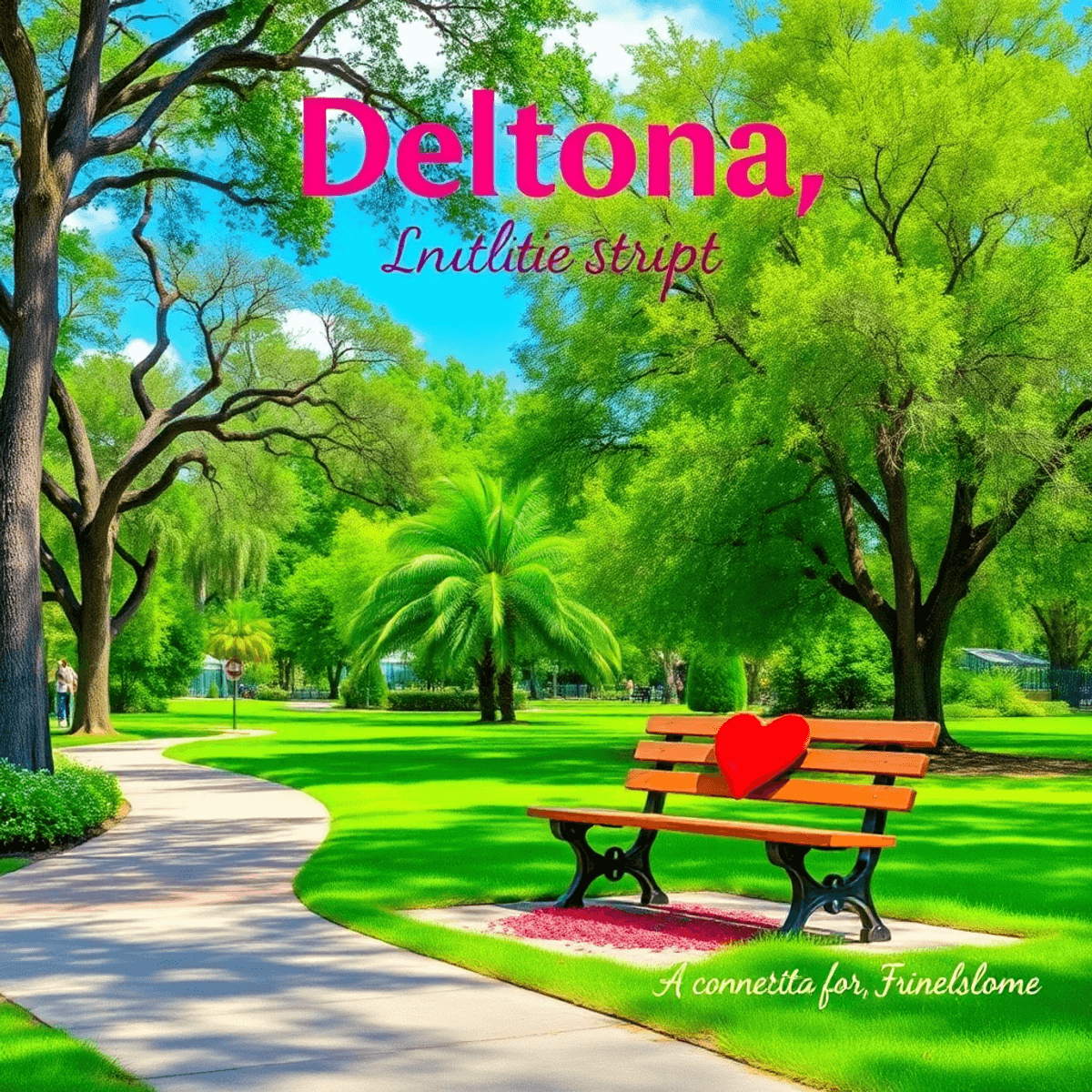 A picturesque park in Deltona, Florida, featuring lush greenery, a scenic pathway, and a heart-shaped bench, creating a warm and inviting atmospher...