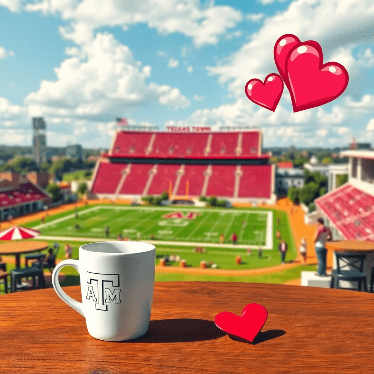 A coffee cup sits on a table with maroon and white elements around it, alongside a football stadium in the background, evoking a lively college dat...