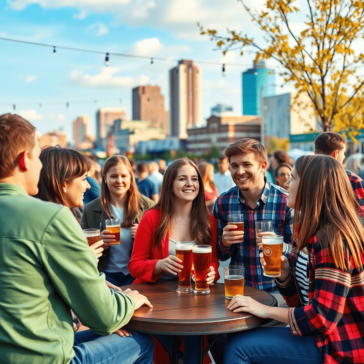 Young adults socialize at an outdoor gathering in Fargo, surrounded by local breweries and seasonal activities, set against the city's charming lan...
