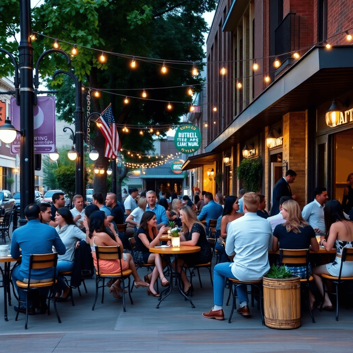 A lively outdoor café scene in Clarksville, Tennessee, with cozy tables, string lights, and people chatting, set against charming southern architec...