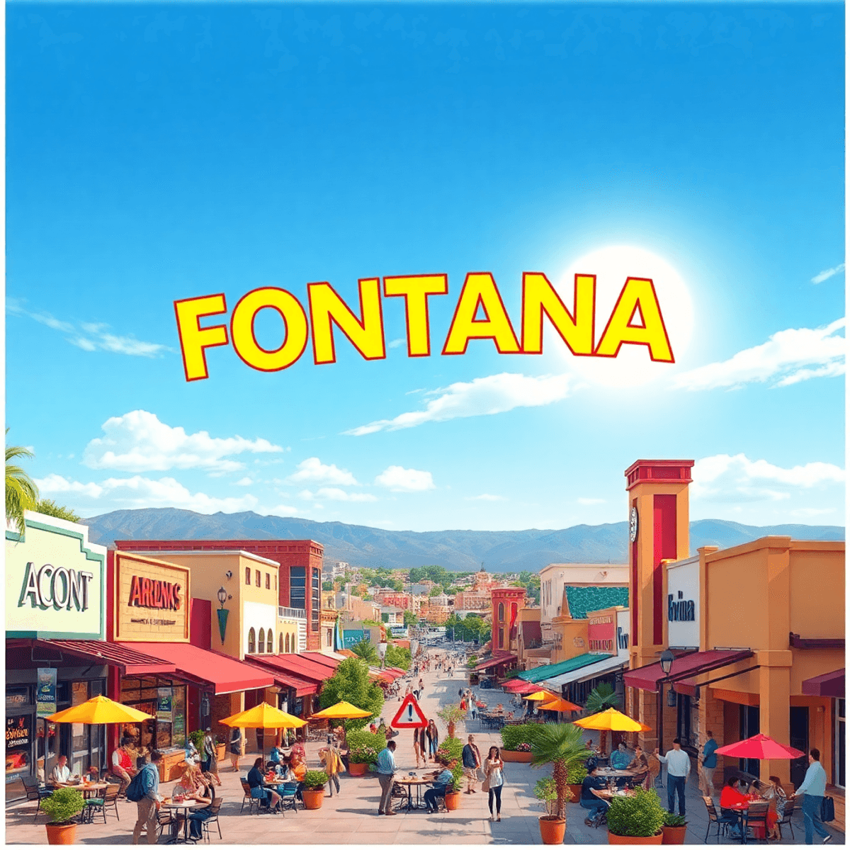 A lively cityscape of Fontana, California, featuring trendy restaurants, cafes, and shopping centers, with people enjoying outdoor dining under a s...