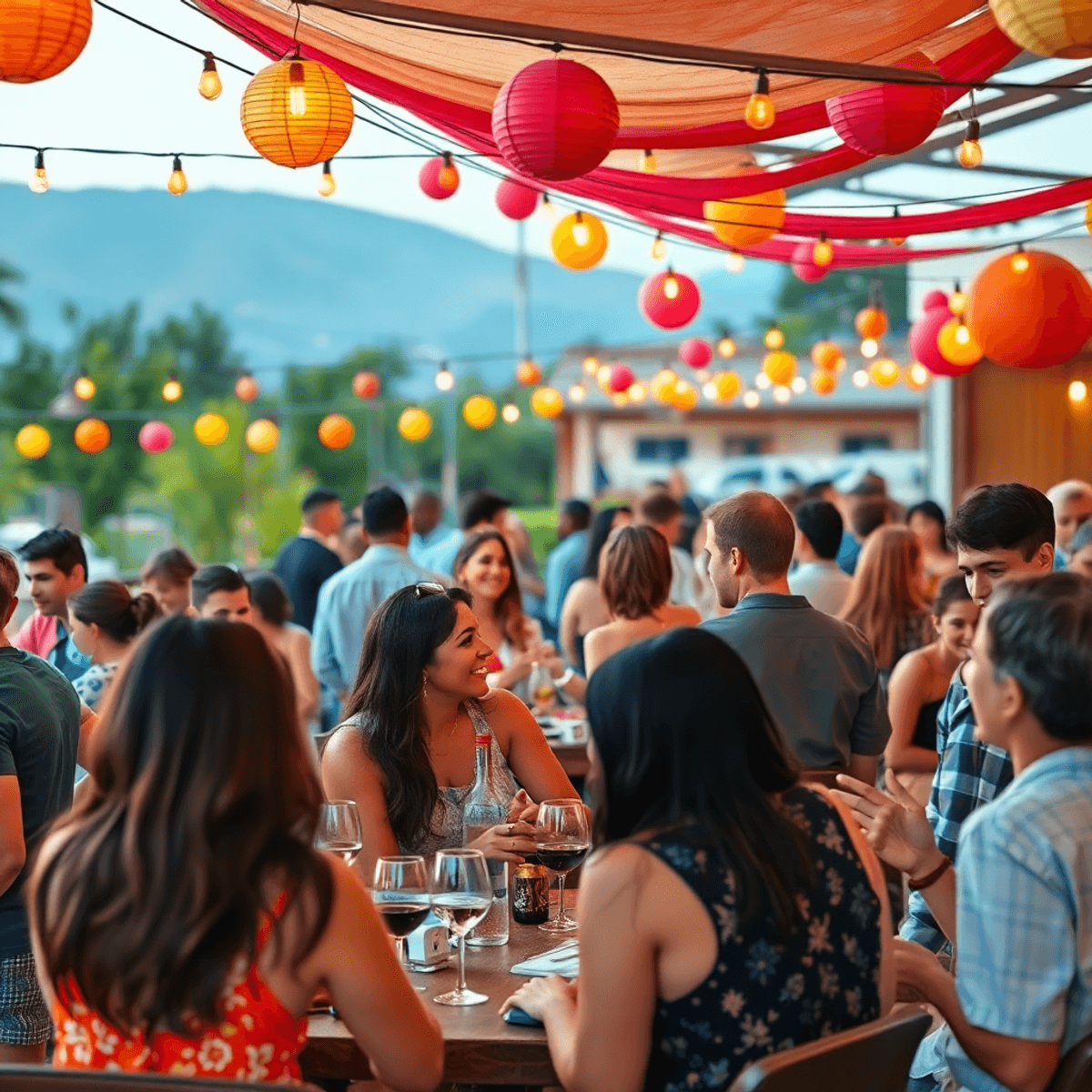 A lively outdoor dating event in Moreno Valley, showcasing singles enjoying wine tasting and painting amidst colorful decorations and a warm, invit...