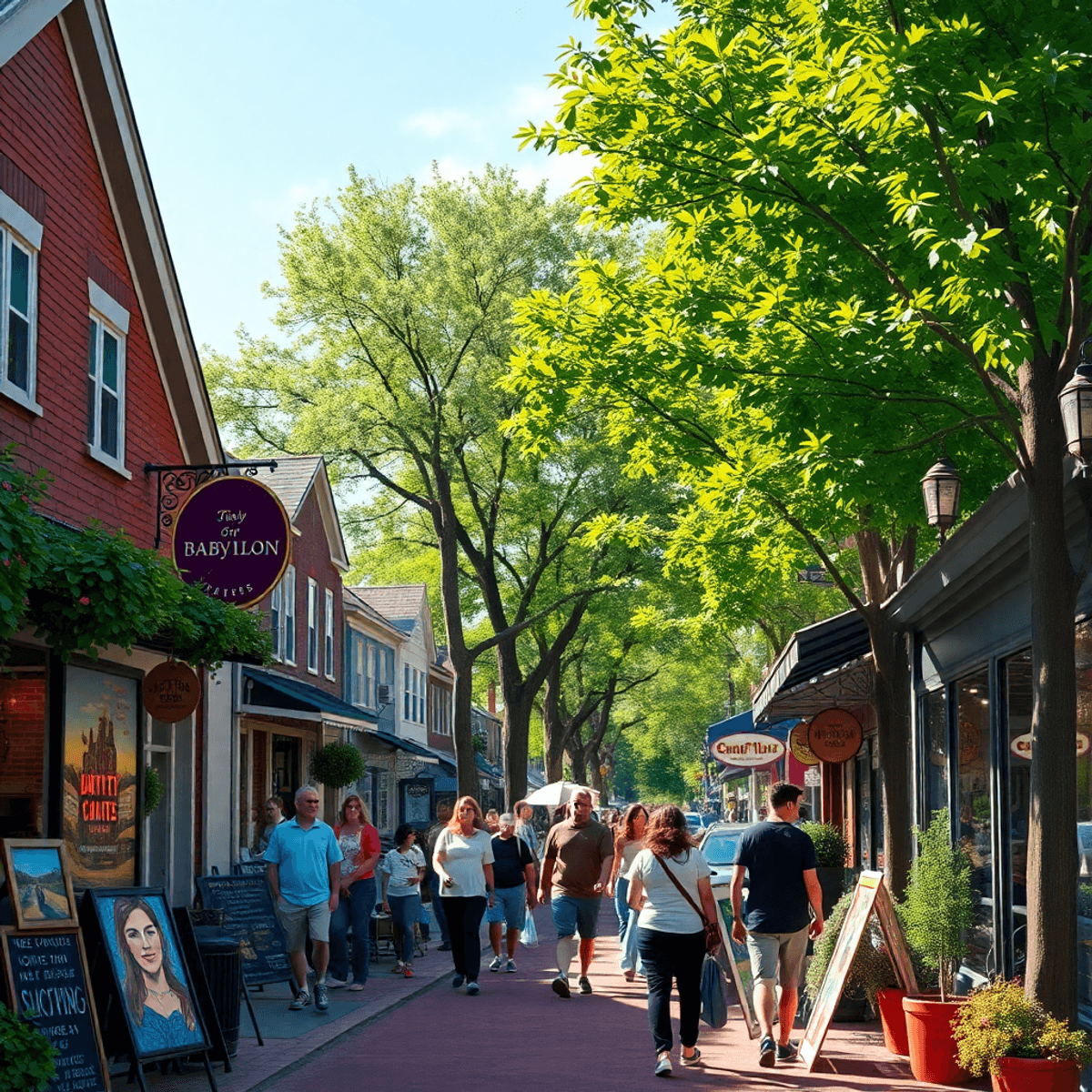A lively street scene in Babylon, New York, featuring tree-lined streets with local artists, musicians, boutique shops, and people enjoying sunny s...