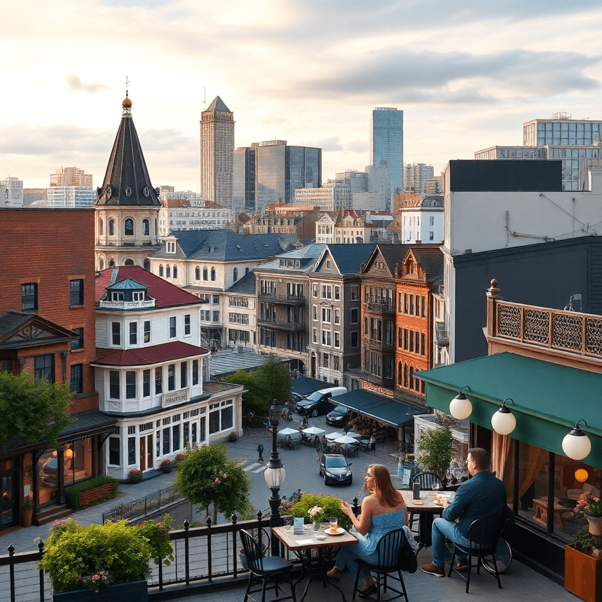 A scenic view of Portland, Maine, highlighting historic Victorian buildings and modern waterfront developments, with couples enjoying outdoor activ...