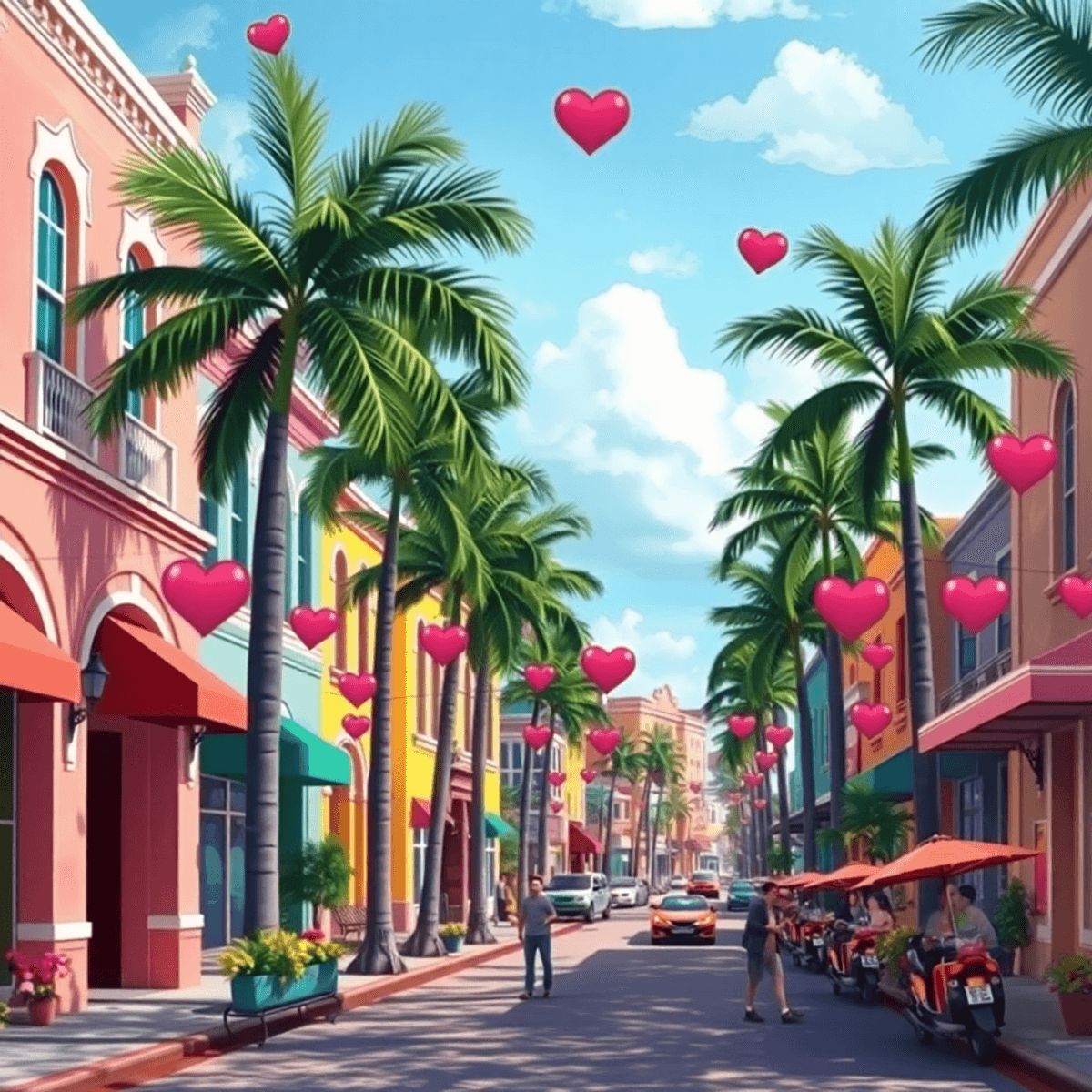 A vibrant street in Hialeah, Florida, with colorful buildings and palm trees, featuring subtle symbols of dating like hearts and flowers, capturing...