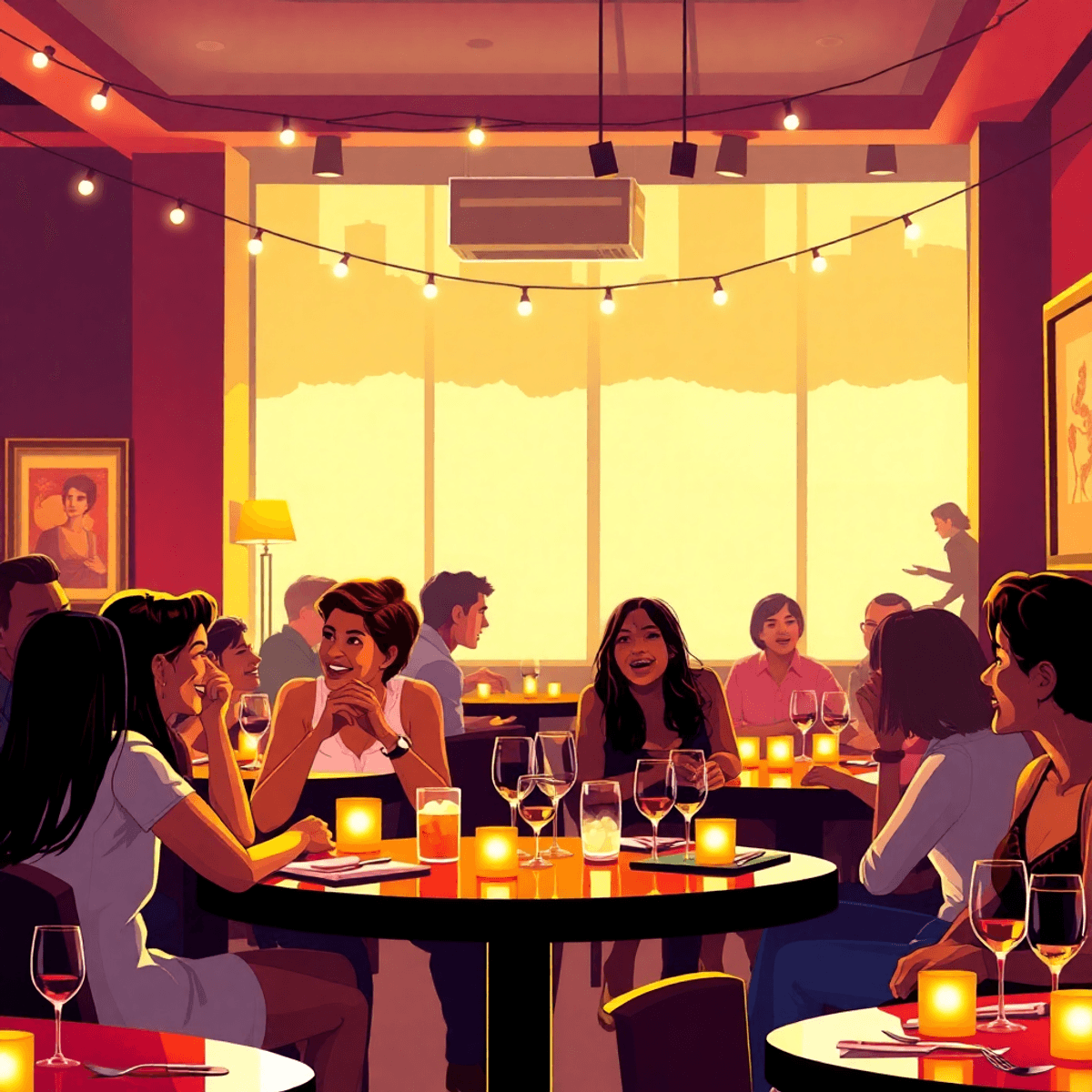 A lively speed dating event in Rock Hill, South Carolina, featuring singles engaged in conversation at tables with soft lighting and romantic decor...