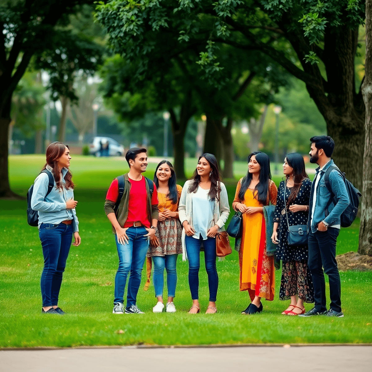 A diverse group of young adults enjoying a casual outdoor gathering in a park, showcasing cultural attire and symbols, radiating connection and cam...